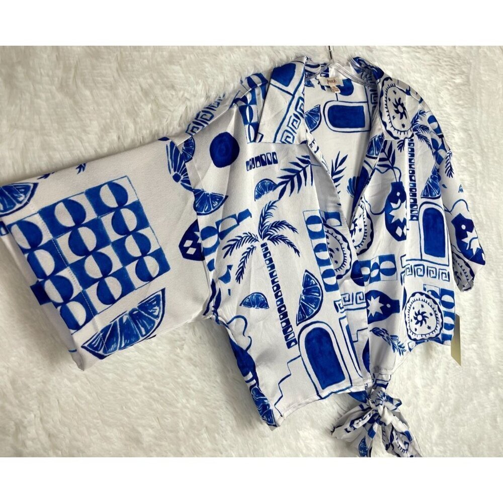 NWT Peach Medium Blue & White Short Sleeve Crop Top Waist Tie Collared V-Neck - Picture 5 of 8